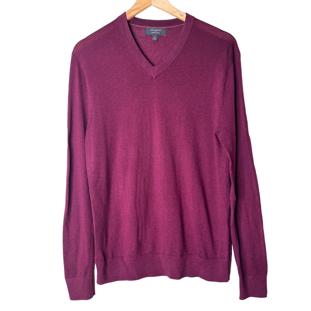 Banana Republic Mens Burgundy 100% Merino Wool V-Neck Sweater Small RN54023